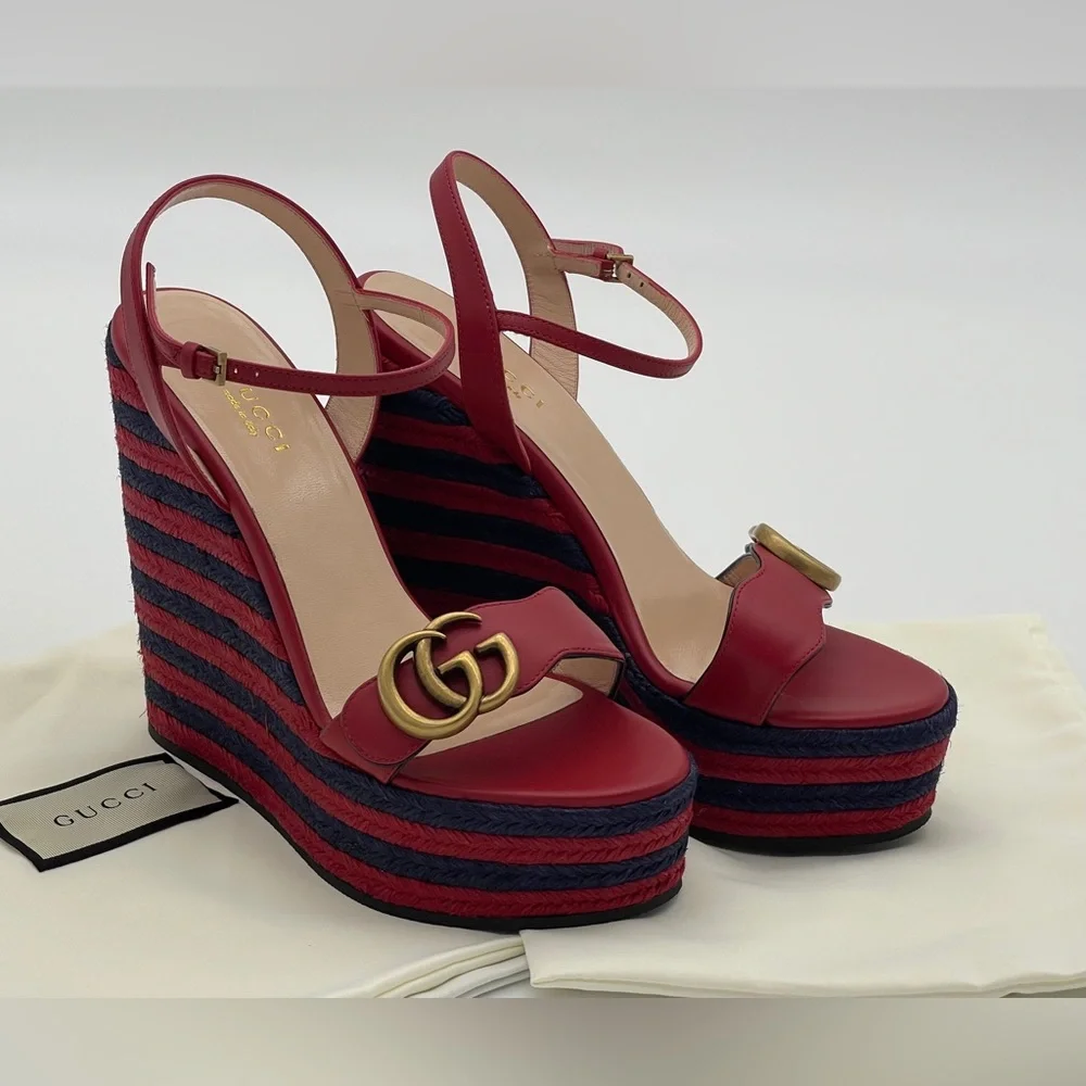 Authentic GUCCI Marmont Double G Leather Espadrille Platform Sandals